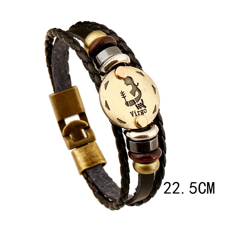12 Constellations Zodiac Hematite Leather Charm Bracelet