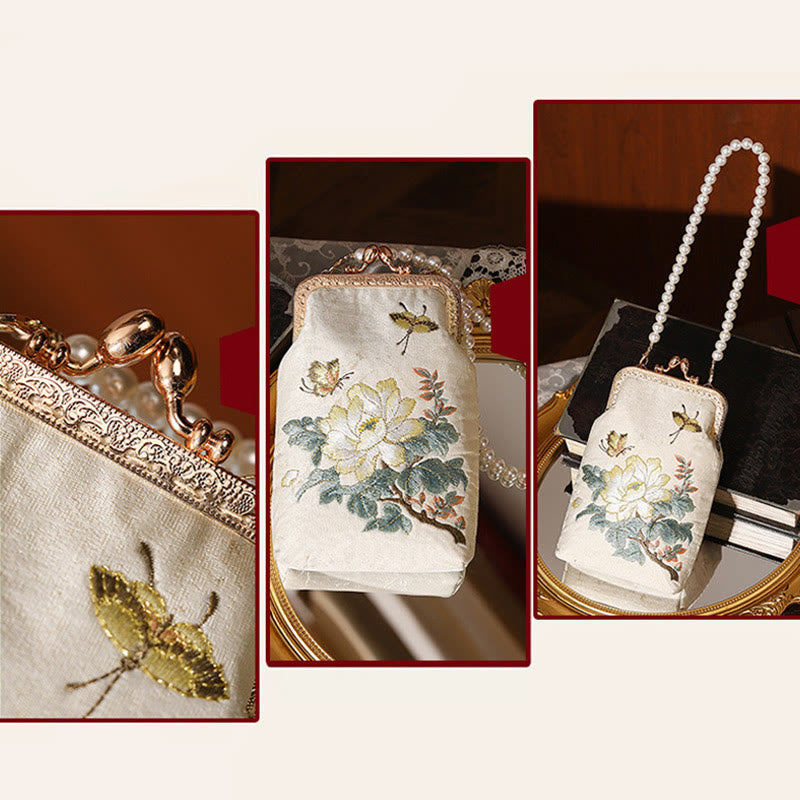 Small Flowers Butterfly Embroidered Pearl Chain Shoulder Bag