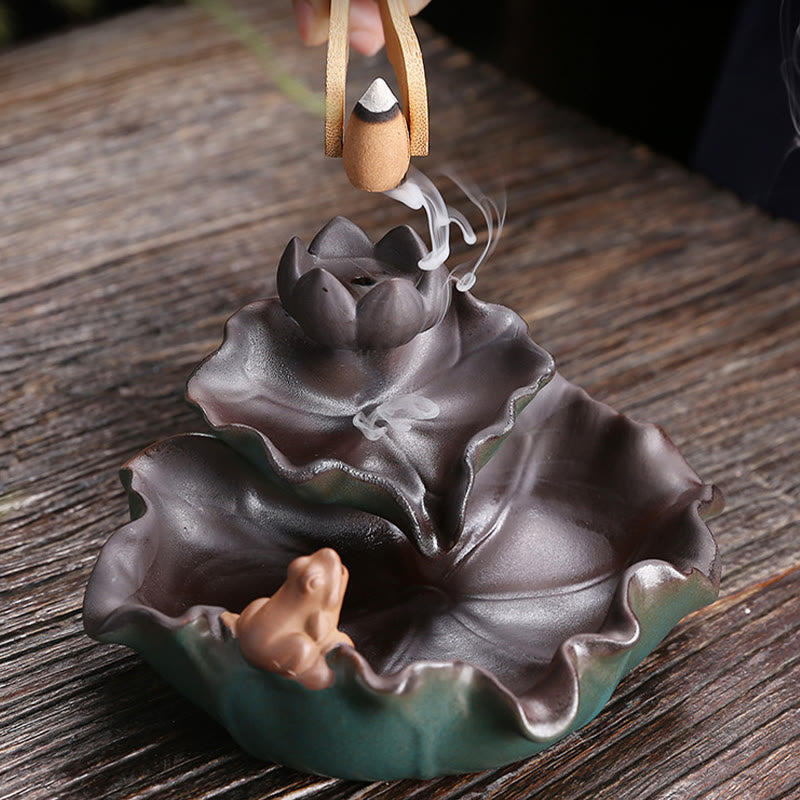 Ceramic Incense Burner Lotus Flower Frog Butterfly Decor
