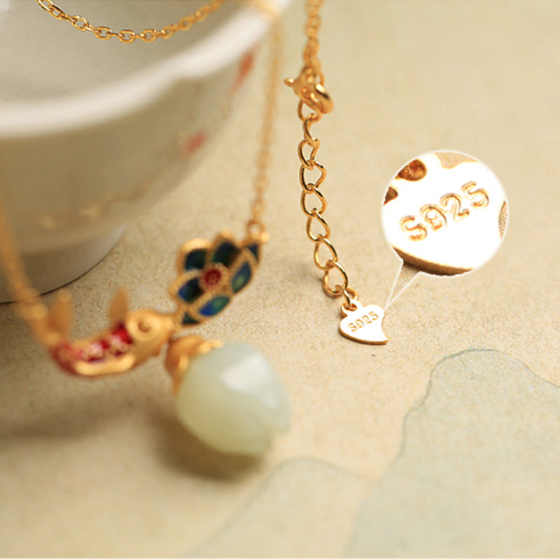 White Jade Koi Fish Lotus Protection Necklace Pendant
