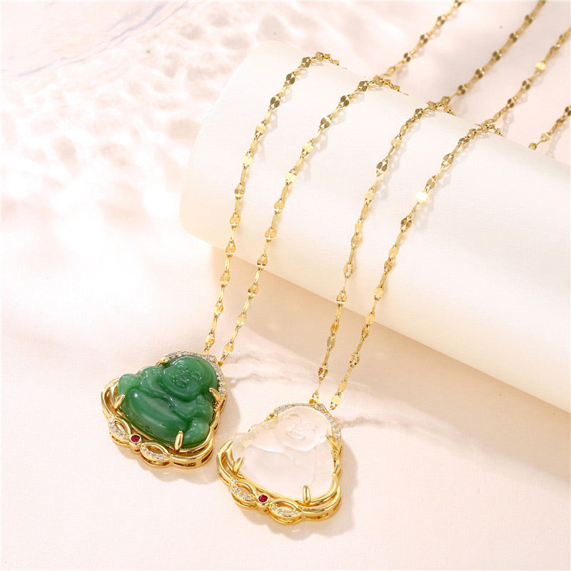 Natural Jade Laughing Buddha Necklace for Peace & Prosperity