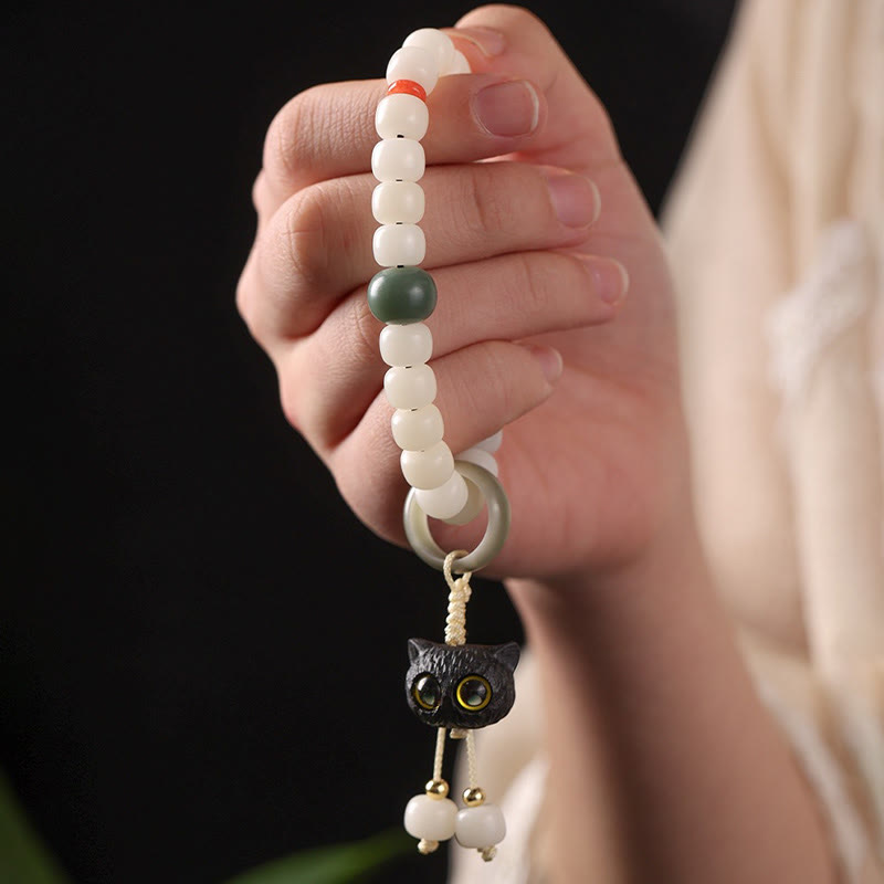 Natural Bodhi Seed Bracelet with Cat Charm for Peace & Harmony