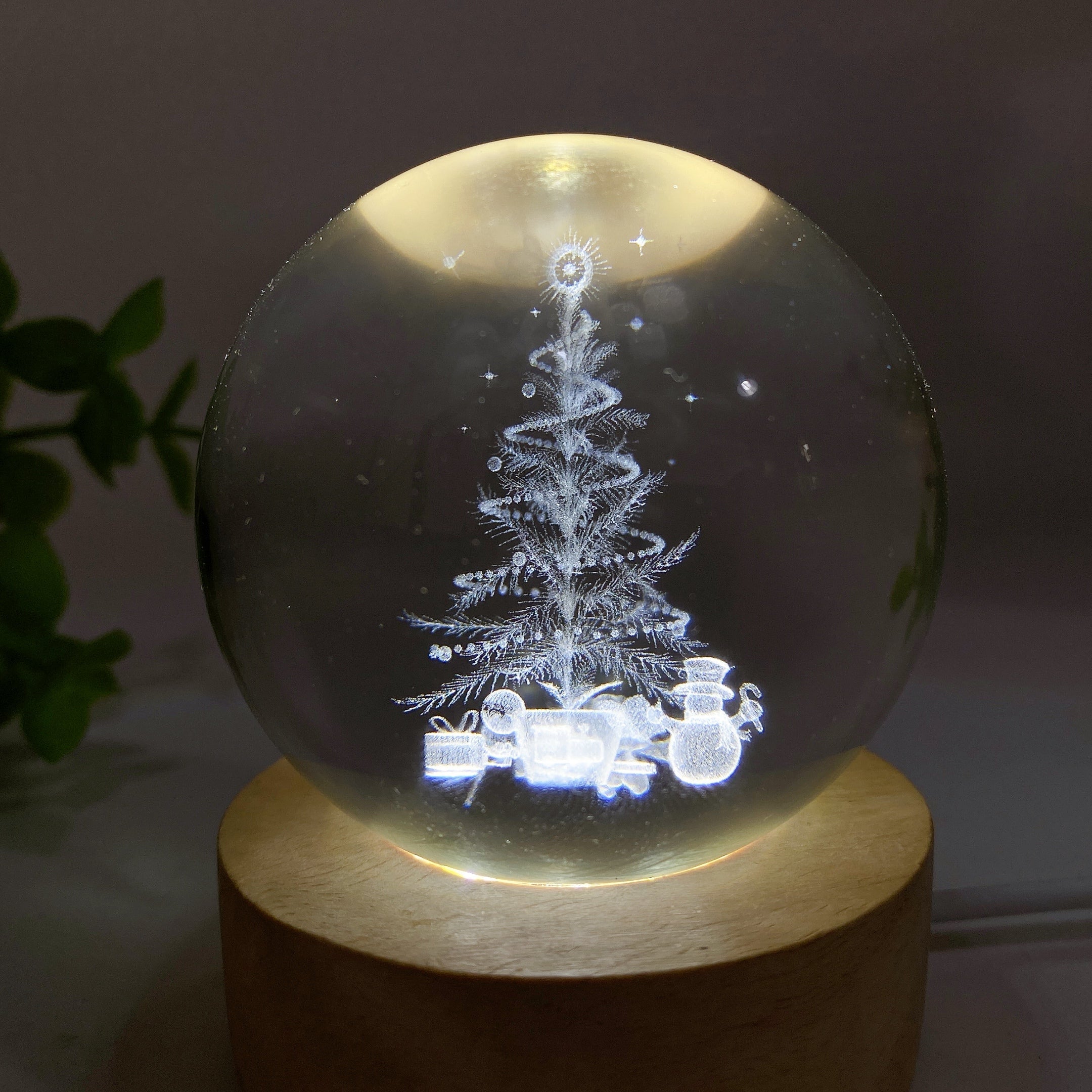6cm Crystal Sphere with 3D Christmas Carving on Wooden Lamp Stand