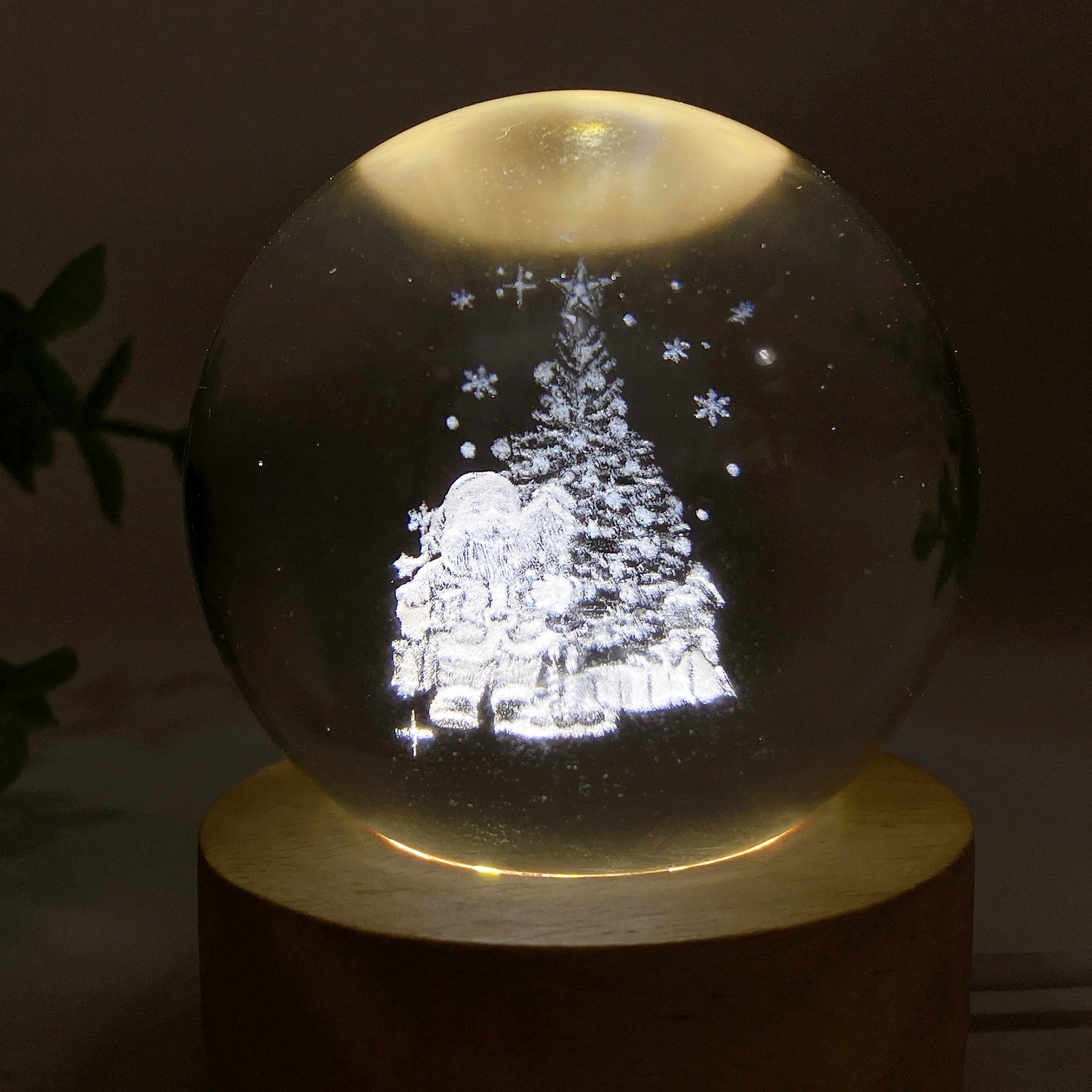 6cm Crystal Sphere with 3D Christmas Carving on Wooden Lamp Stand