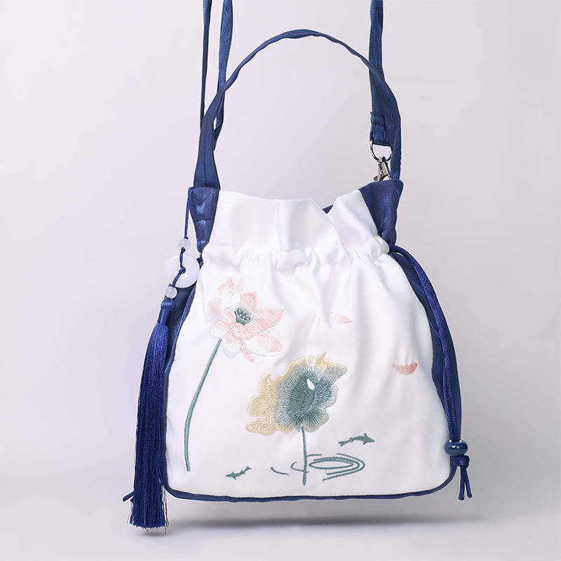 Cotton Linen Tote Bag with Lotus Koi Embroidery 20cm