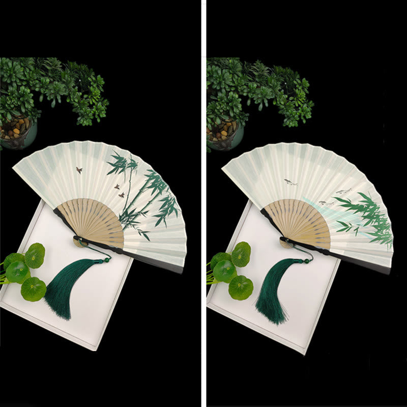 Chinese Folding Fan with Bamboo and Koi Fish Patterns
