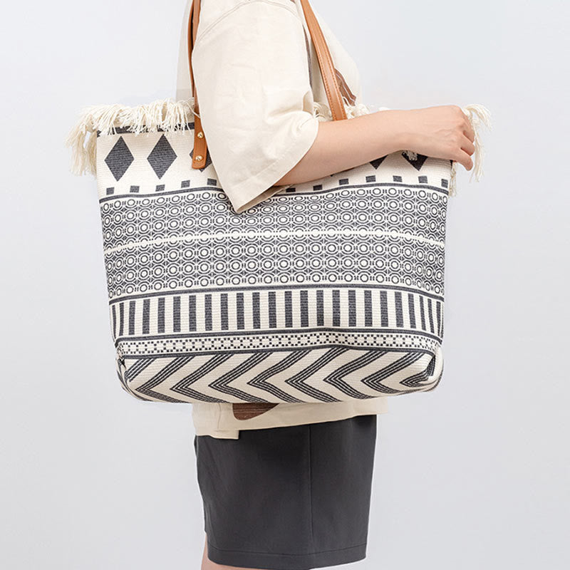 Large Canvas Tote Bag With Boho Geometric Tassels 50cm