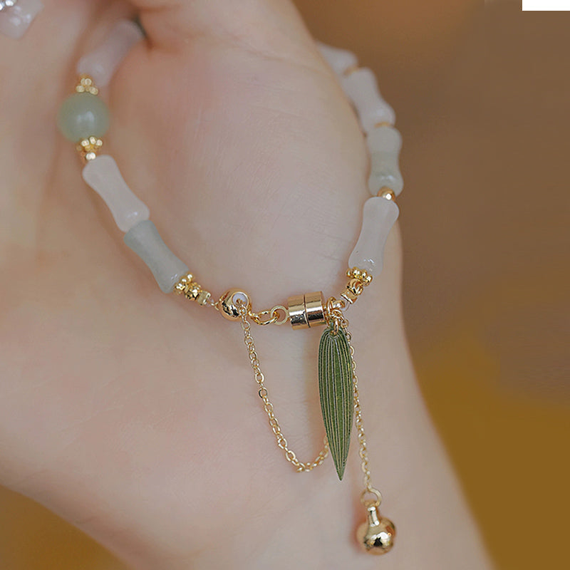 14K Gold Plated Hetian White Jade Bamboo Leaf Protection Bracelet
