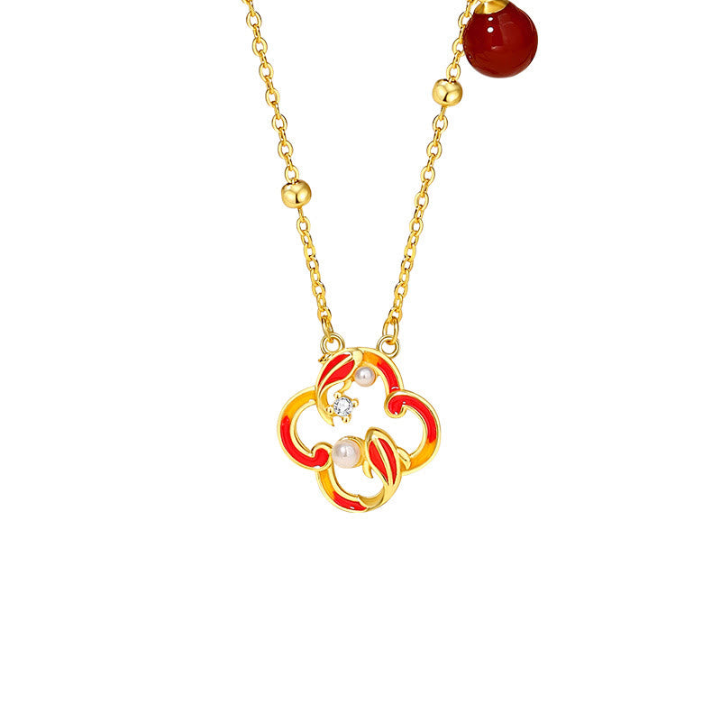 925 Sterling Silver Koi Fish Jewelry Set with Red Agate Pearl