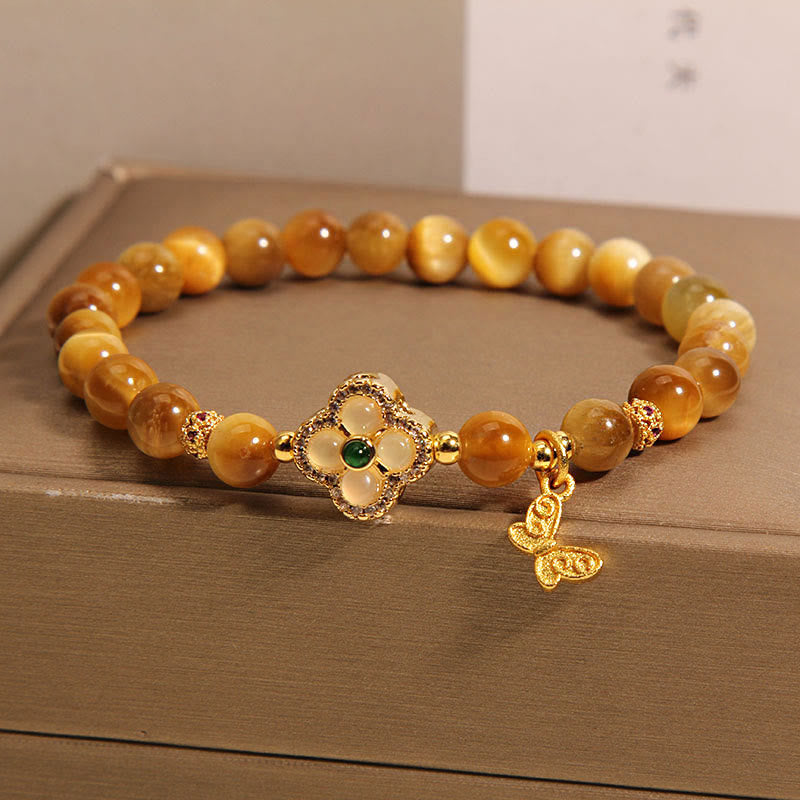 Tiger Eye Protection Bracelet with Four Leaf Clover & Butterfly