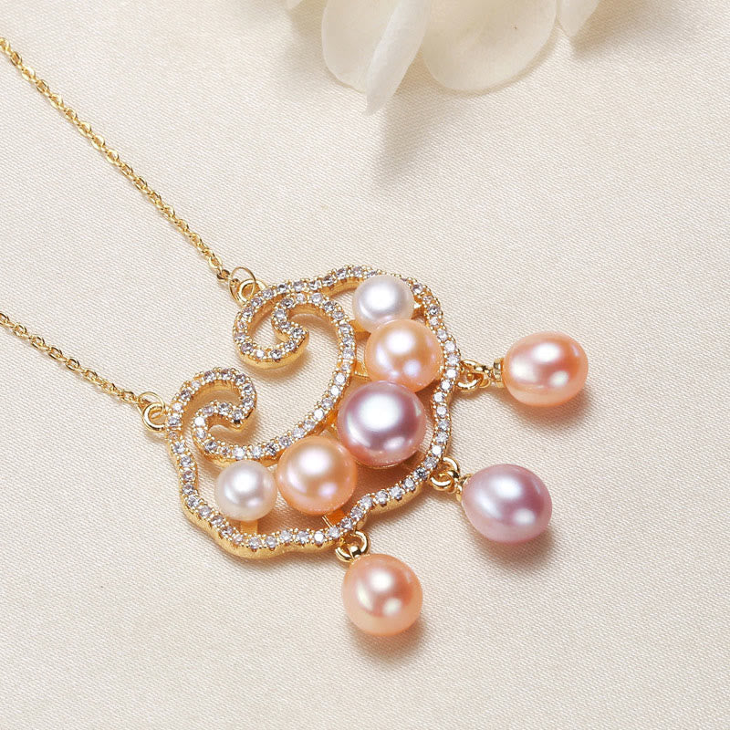18K Gold Plated Pearl Necklace with Chinese Lock Charm for Sincerity