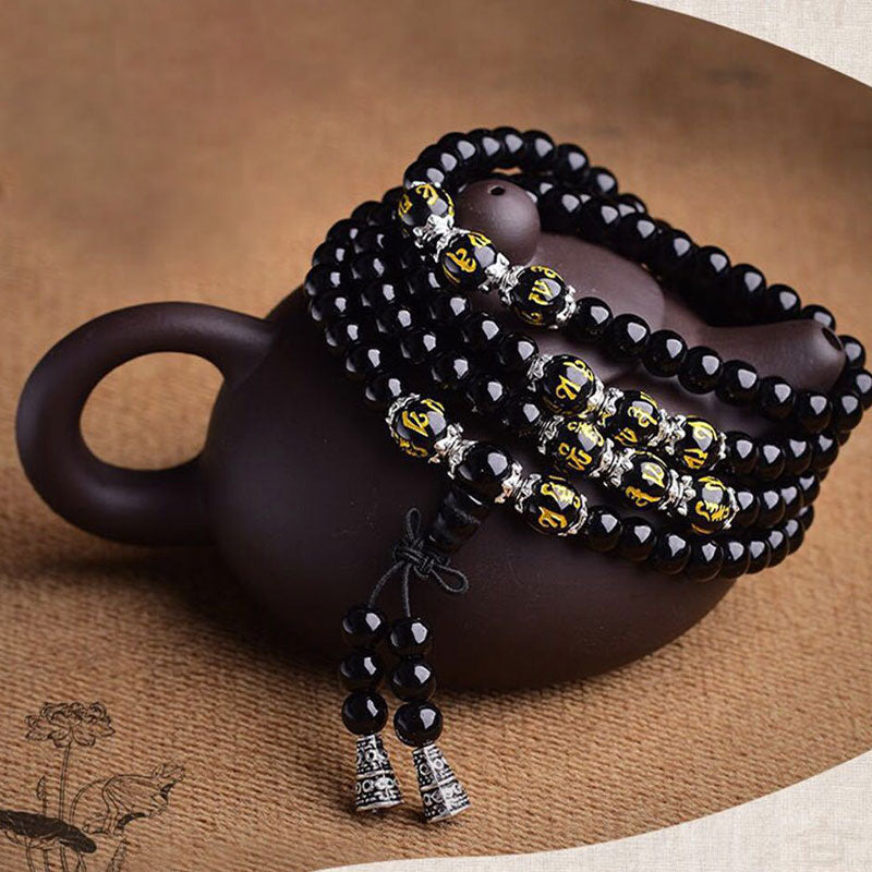 6mm Black Obsidian Protection Bracelet with Six True Words Charm