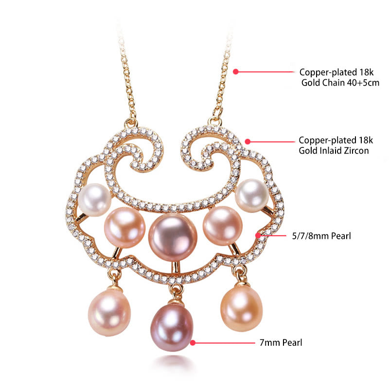 18K Gold Plated Pearl Necklace with Chinese Lock Charm for Sincerity