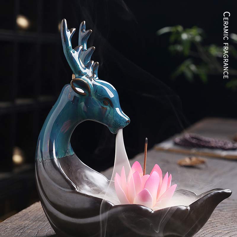 Ceramic Lotus Backflow Incense Burner with Deer 18cm