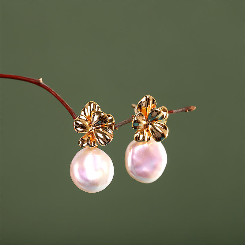 Baroque Pearl Flower Healing Drop Earrings in 925 Sterling Silver
