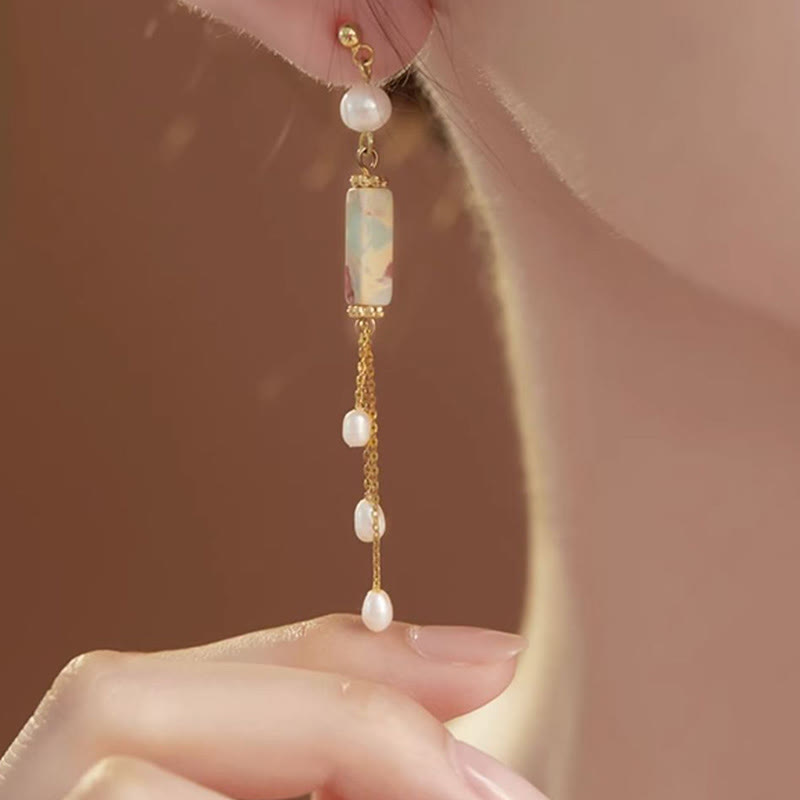 925 Sterling Silver Shoushan Stone Pearl Healing Drop Earrings