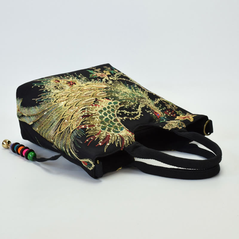 Peacock Embroidered Tote Bag | Canvas Shoulder Crossbody