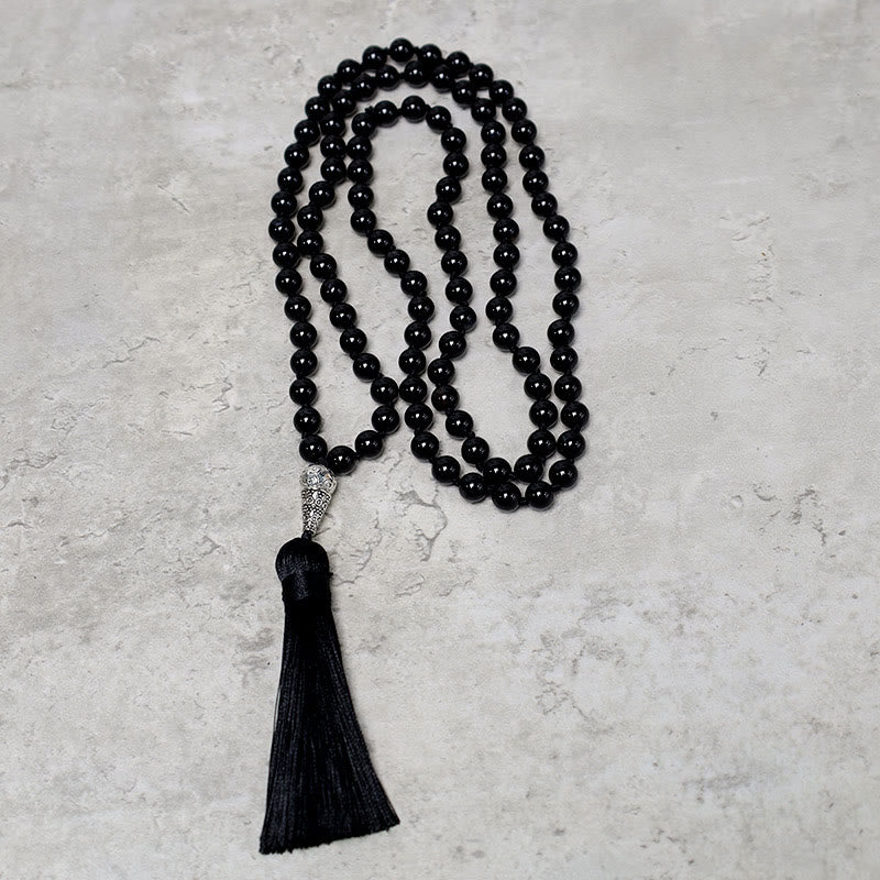 8mm Black Onyx Meditation Mala Necklace for Protection