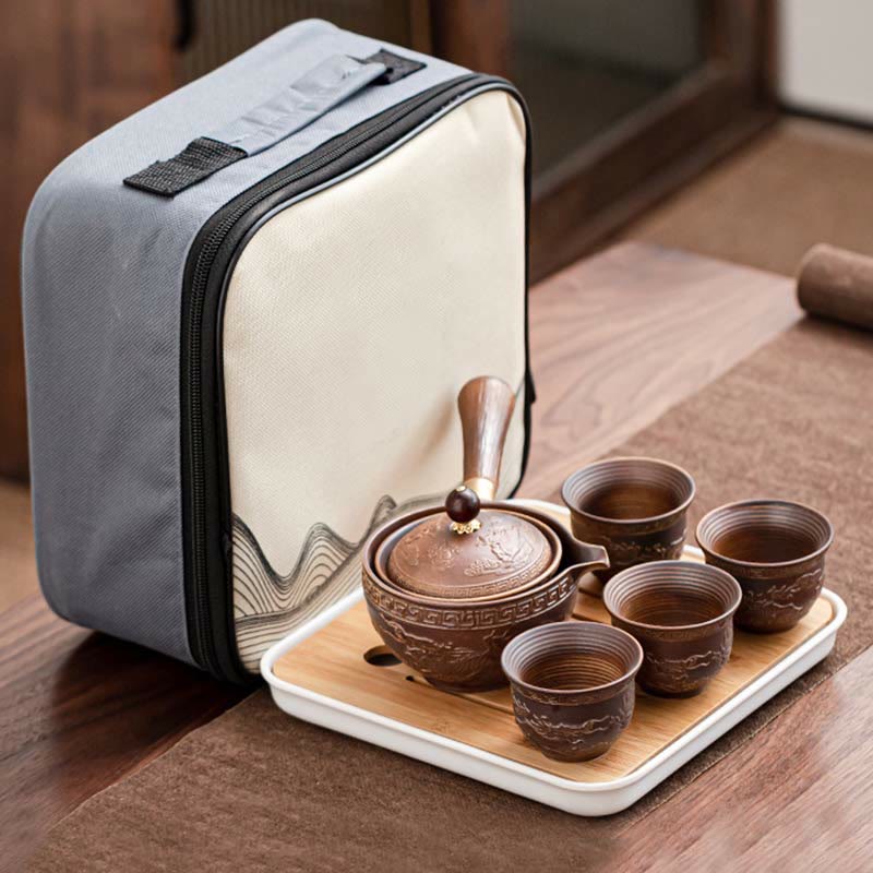 Ceramic Chinese Gongfu Teapot Set with Portable Gift Bag