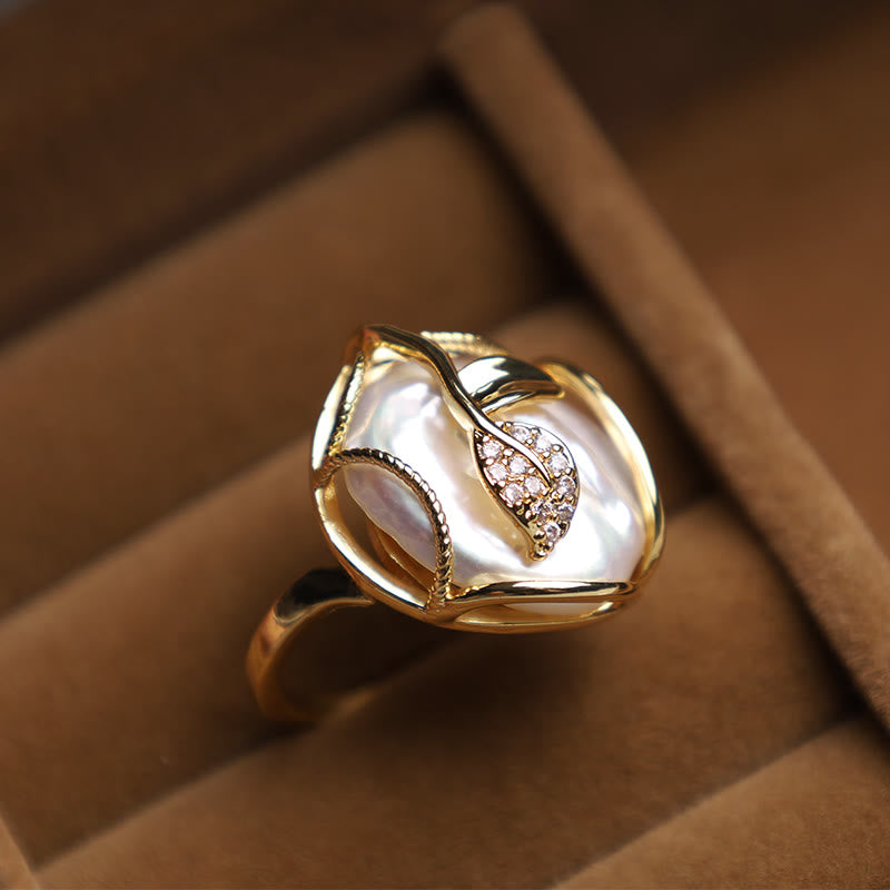 Adjustable Pearl Copper Plated Gold Flower Ring for Wealth & Happiness