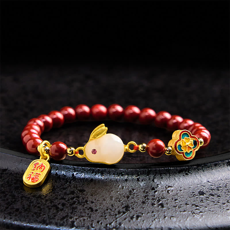 6mm Cinnabar Fu Character Beaded Lotus Bracelet