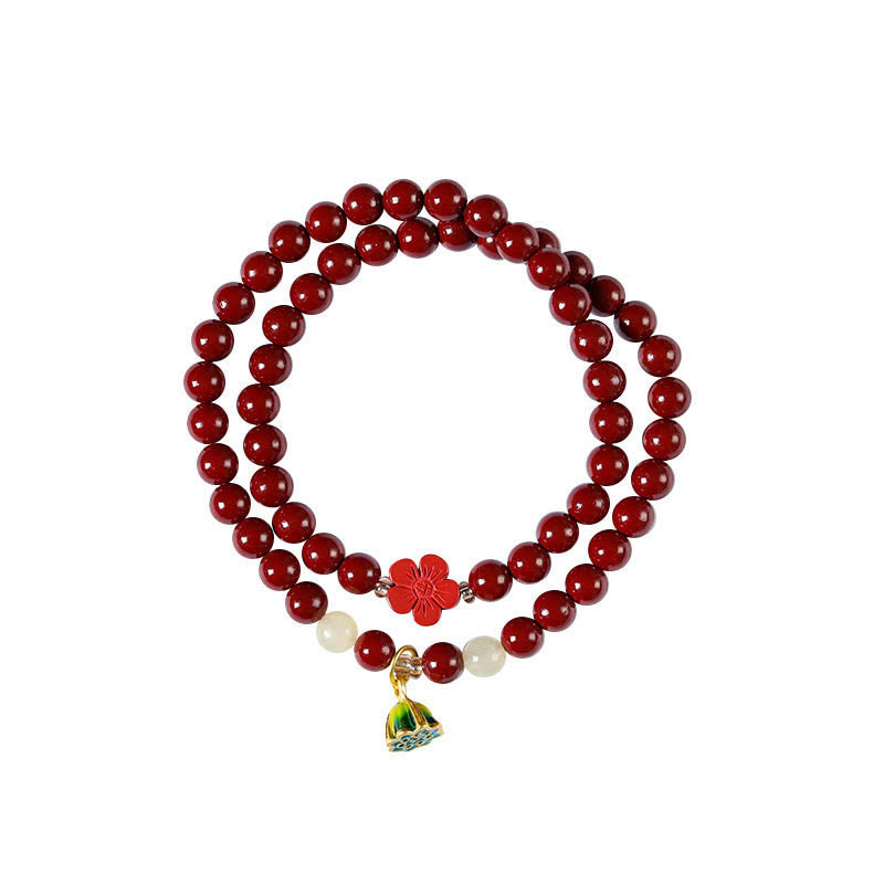 6mm Cinnabar Lotus Charm Double Wrap Bracelet Blessing
