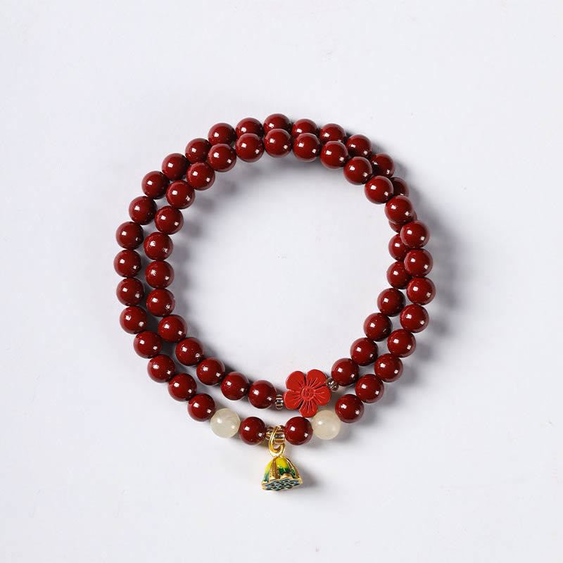6mm Cinnabar Lotus Charm Double Wrap Bracelet Blessing