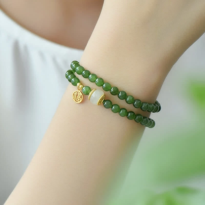 6mm Hetian Cyan Jade Happiness Blessing Bracelet