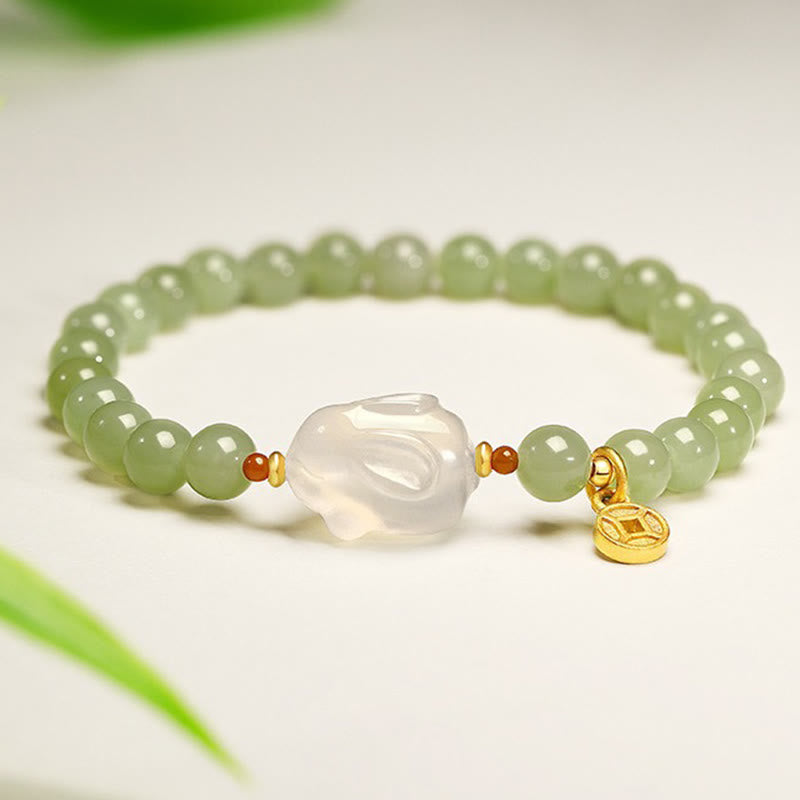 6mm Hetian Jade Rabbit Copper Coin Bracelet for Luck and Prosperity