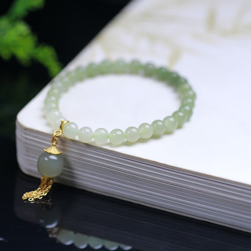 6mm Hetian Jade Wealth Charm Bracelet Sterling Silver