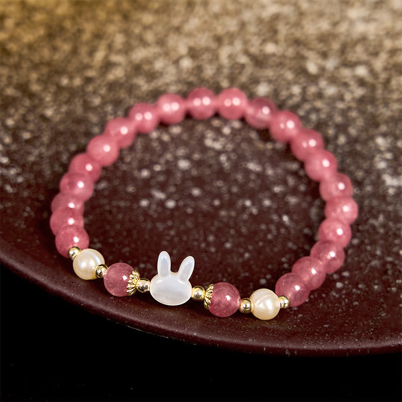 6mm Strawberry Quartz Bracelet with Pearl Cat or Rabbit Charm