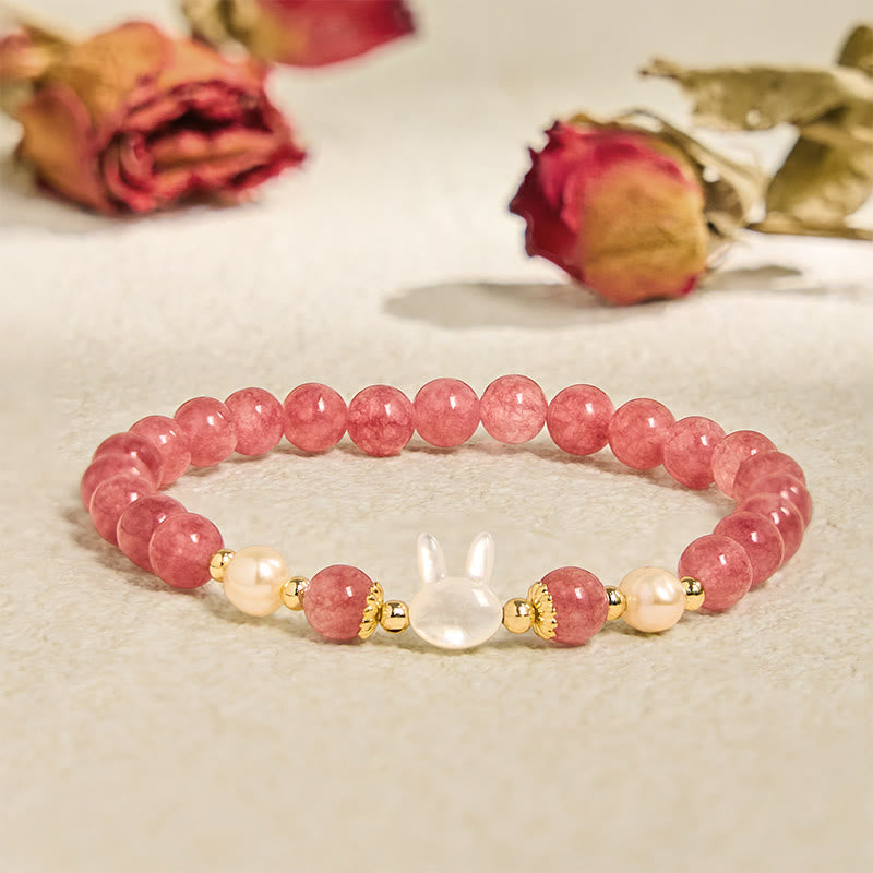 6mm Strawberry Quartz Bracelet with Pearl Cat or Rabbit Charm
