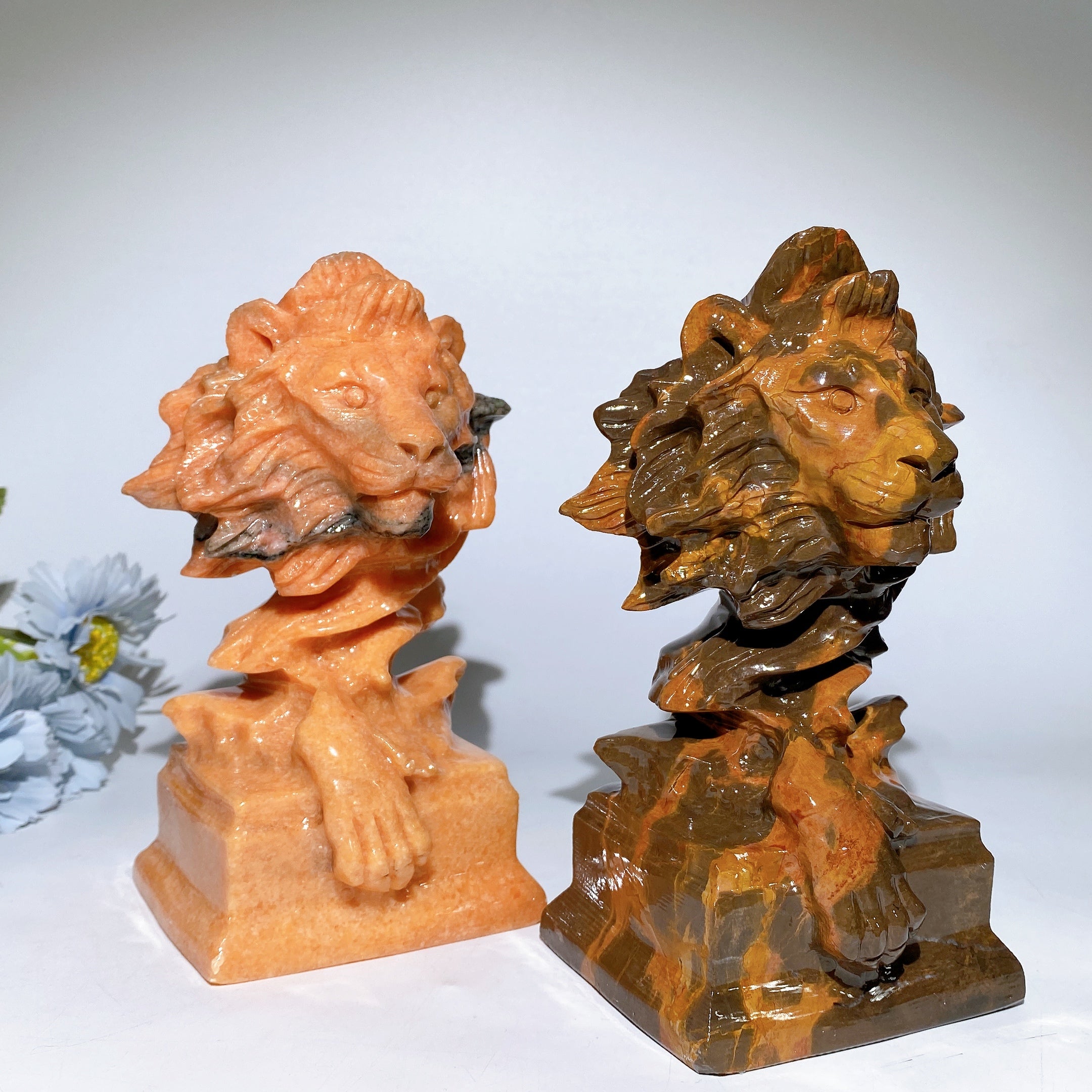 7.0 Inch Sunstone & Jade Lion Head Crystal Figurines