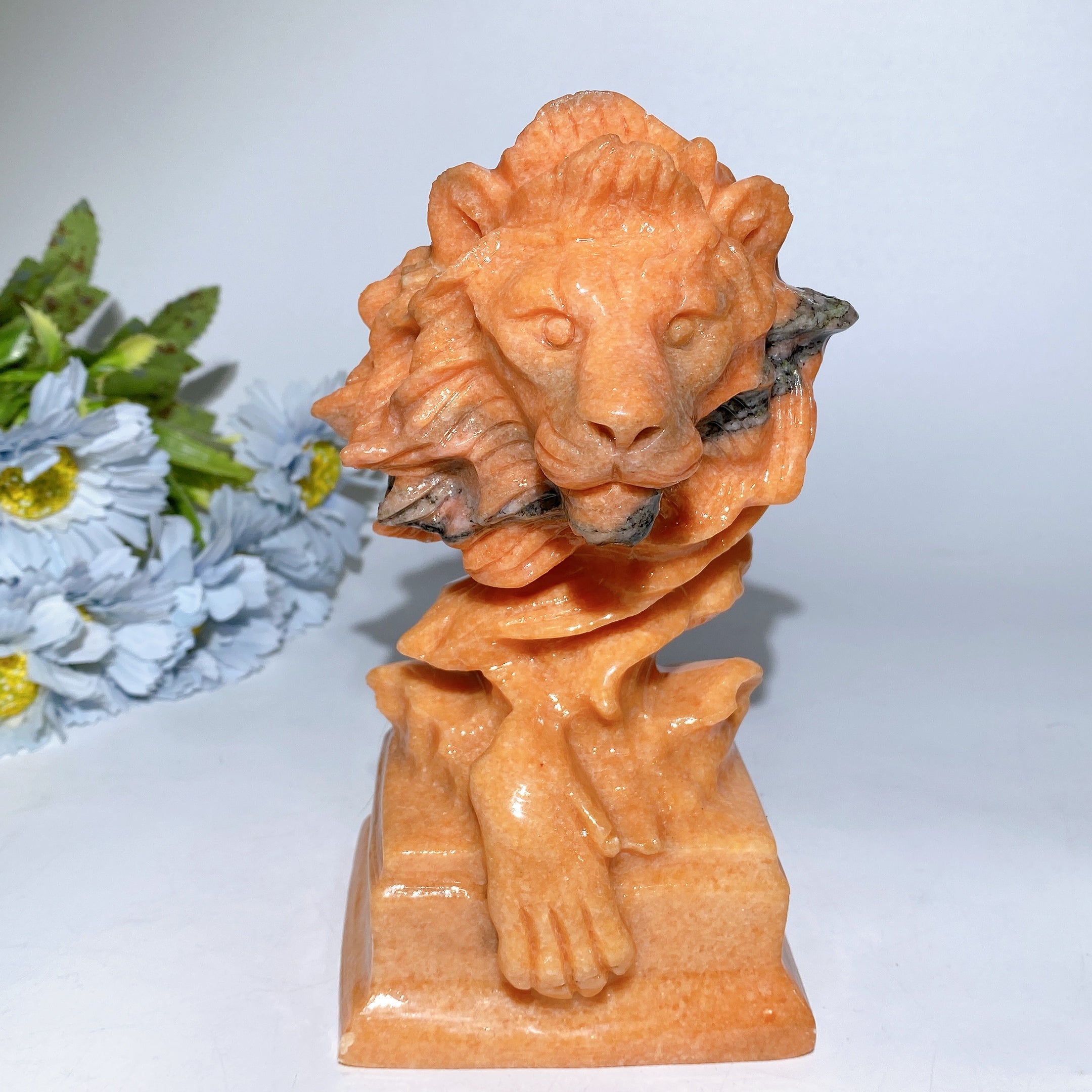 7.0 Inch Sunstone & Jade Lion Head Crystal Figurines