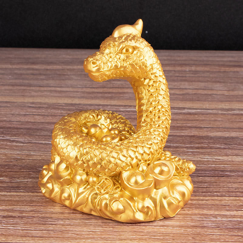 7.5 inch Resin Year of the Snake Wealth Statue with Gold Ingots