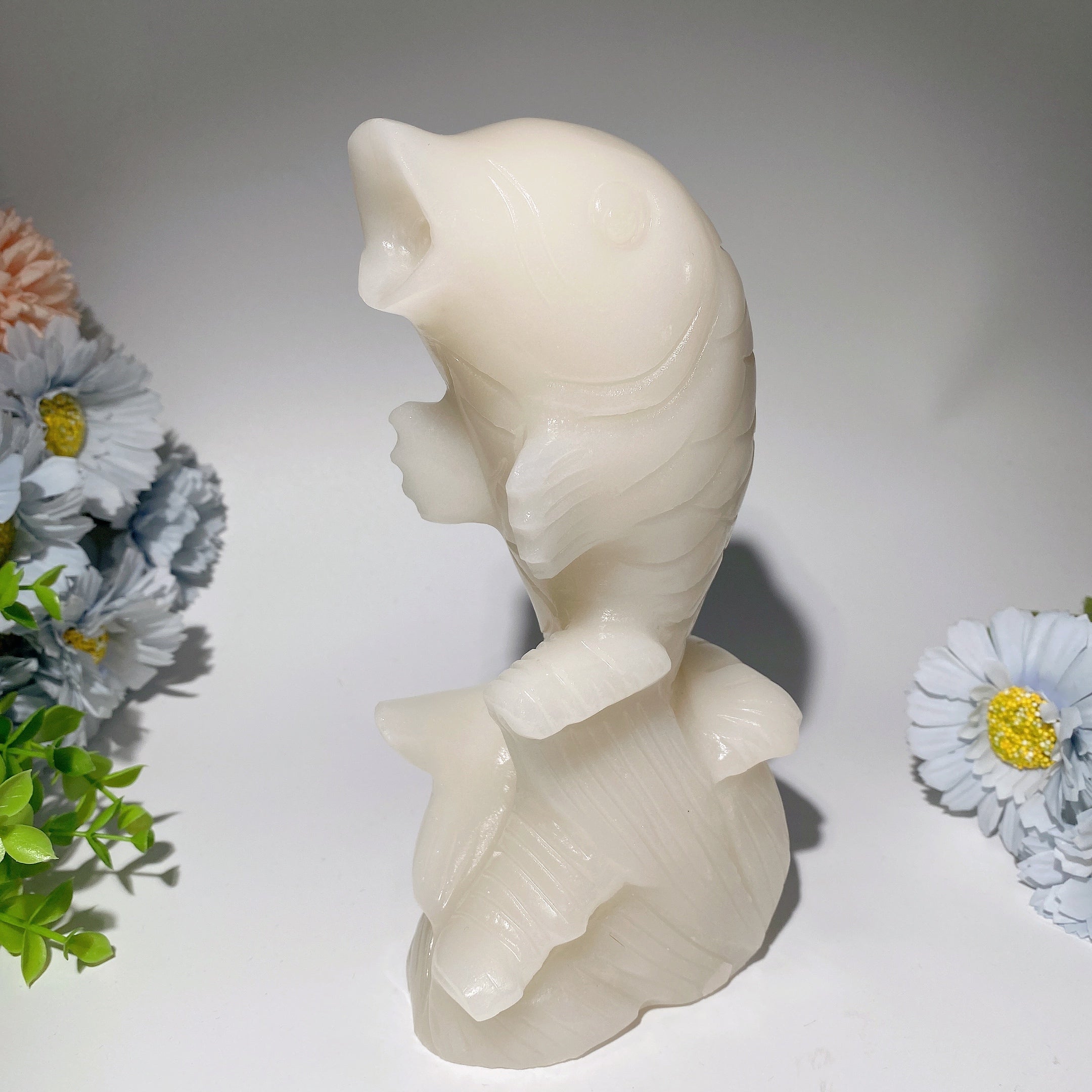7.9 inch White Jade Fish Crystal Figurine for Healing