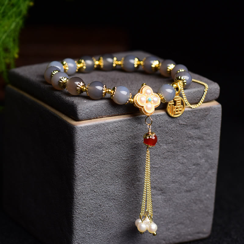 8mm Gray Agate Fu Character Balance Bracelet