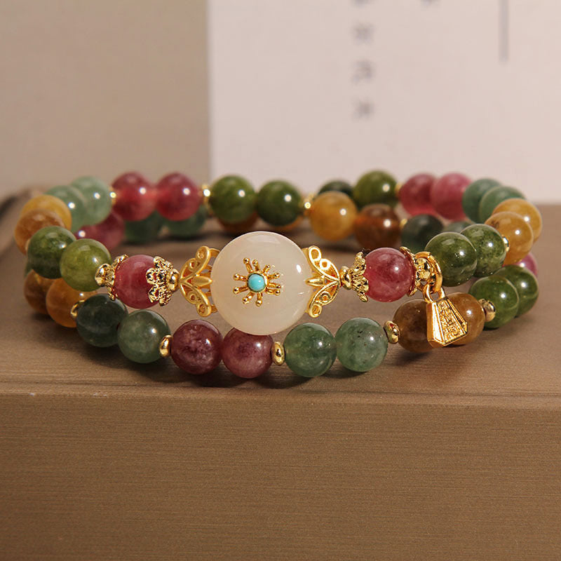 Multicolored Tourmaline Jade Flower Double Wrap Bracelet