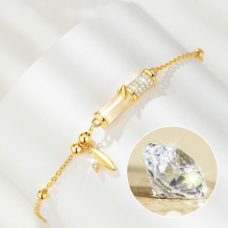 White Jade Protection Bracelet with 18K Gold Plated Silver Bamboo Leaf