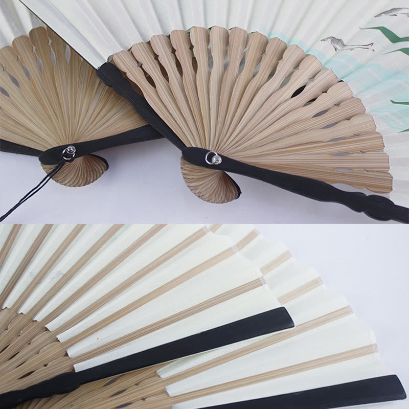 Chinese Folding Fan with Bamboo and Koi Fish Patterns