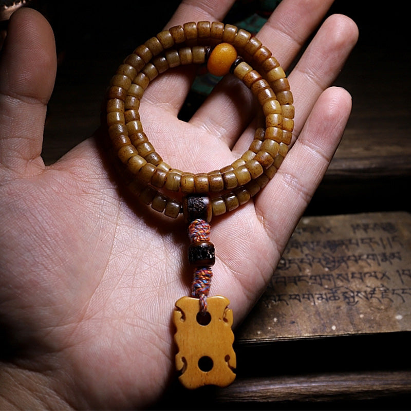 Yak Bone Amber 108 Bead Mala Bracelet for Balance