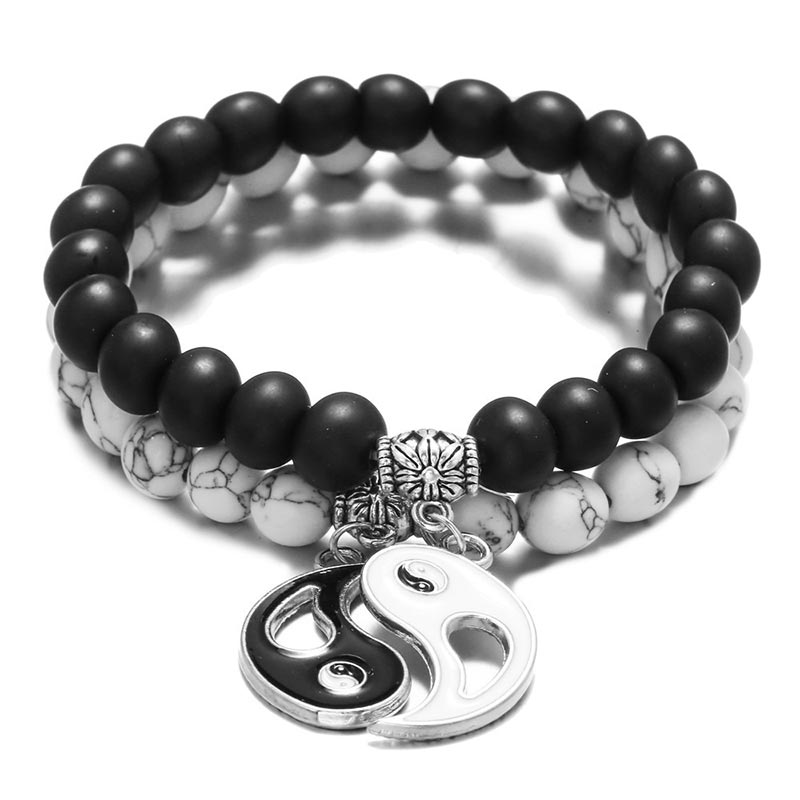 Unisex Yin Yang Bracelet Set with Black Onyx and White Turquoise Beads