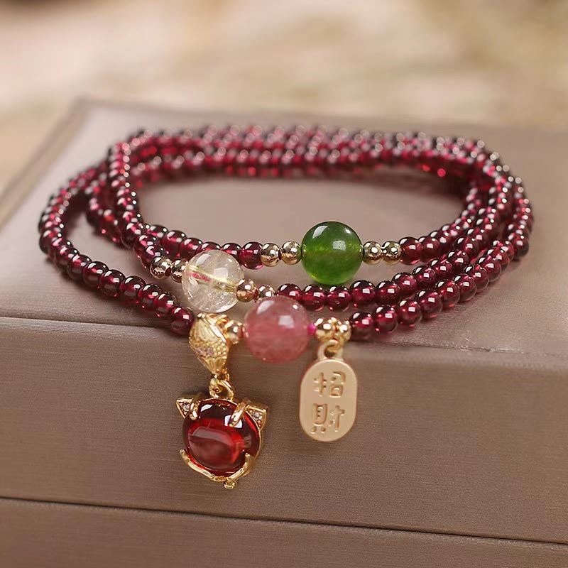 Triple Wrap Garnet Bracelet with Peace Buckle and Crystal Healing