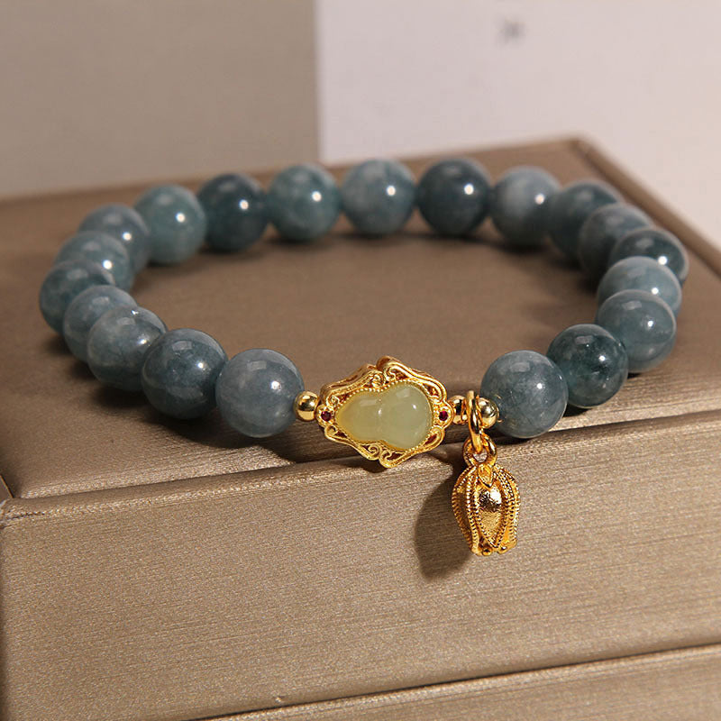 Natural Jade Luck Bracelet with Gourd Tulip Charm 14-16cm