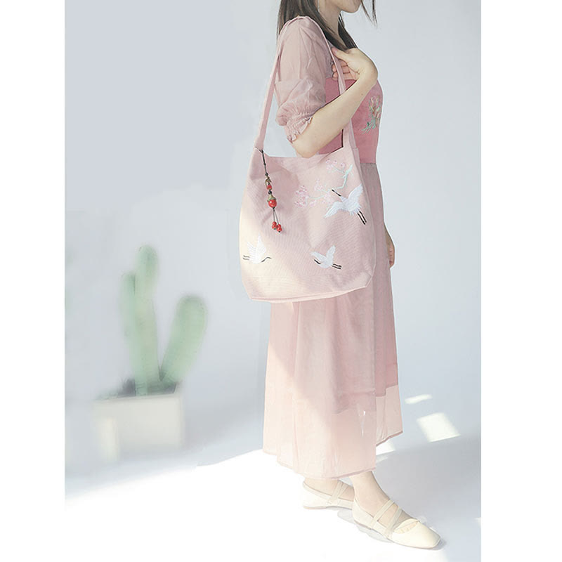 Canvas Tote Bag with Flower Crane & Plum Blossom Embroidery