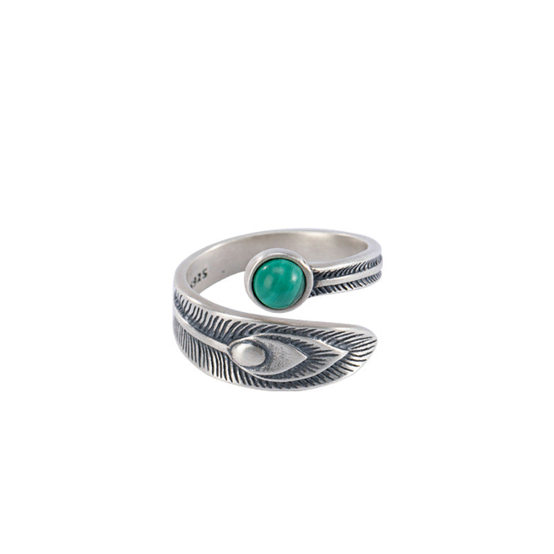 925 Sterling Silver Malachite Protection Ring with Feather Design