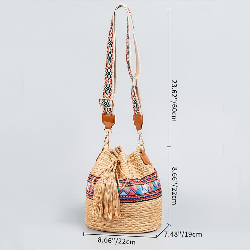 Straw Woven Geometric Bucket Bag with Tassels for Beach