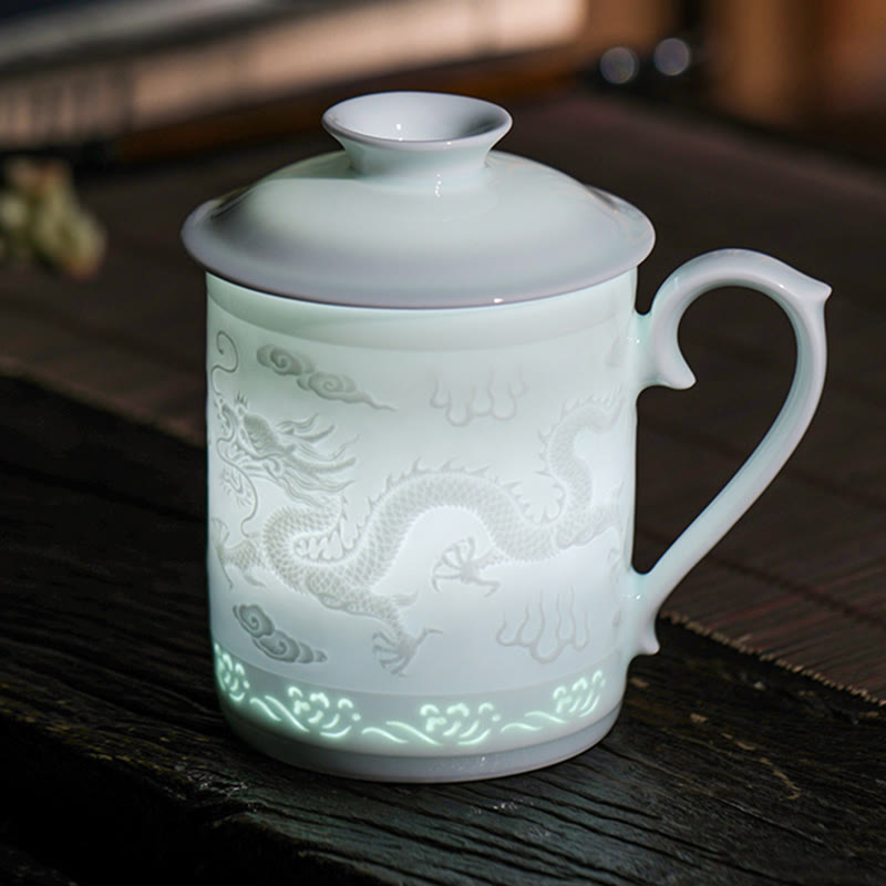 420ml Jingdezhen Porcelain Zen Tea Cup with Dragon Phoenix Design