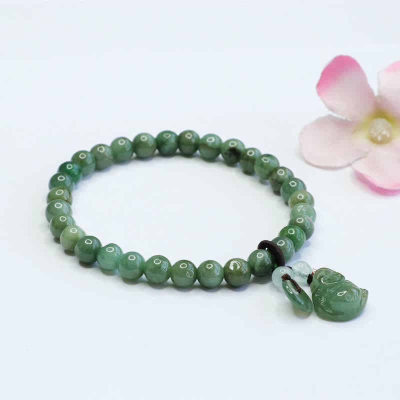 Cyan Jade Buddha Bracelet with Laughing Buddha Charm for Healing