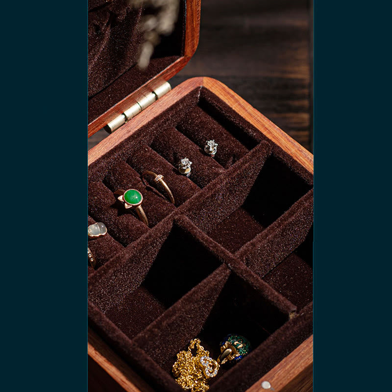 Rosewood Jewelry Box with Antique Flower Leaf Design - Handmade Storage